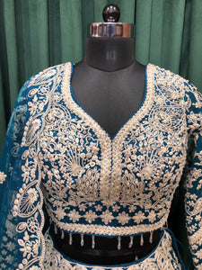 Blue Net Lehenga With White Thread And Sequence