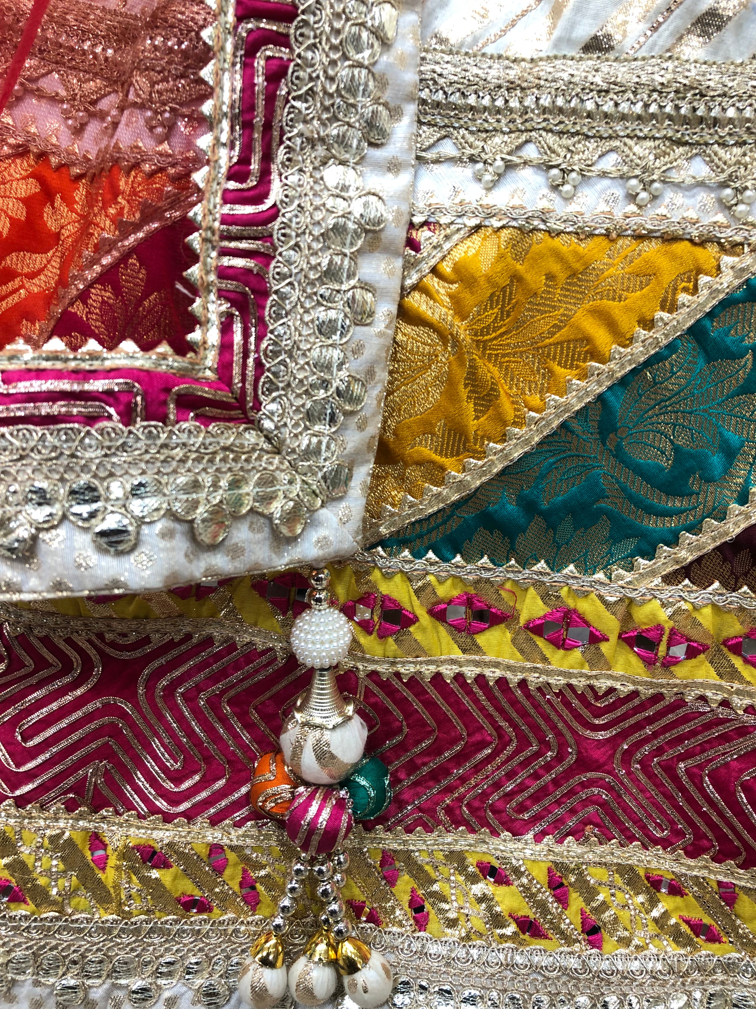 Cream Banarsi Silk Lehenga With Zari, Mirror And Multi Colour Border