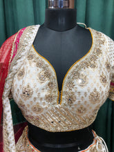 Load image into Gallery viewer, Cream Banarsi Silk Lehenga With Zari, Mirror And Multi Colour Border
