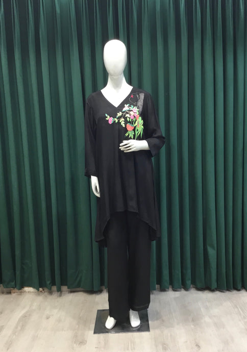 Black Muslin Co ord Set With Resham and pulse work