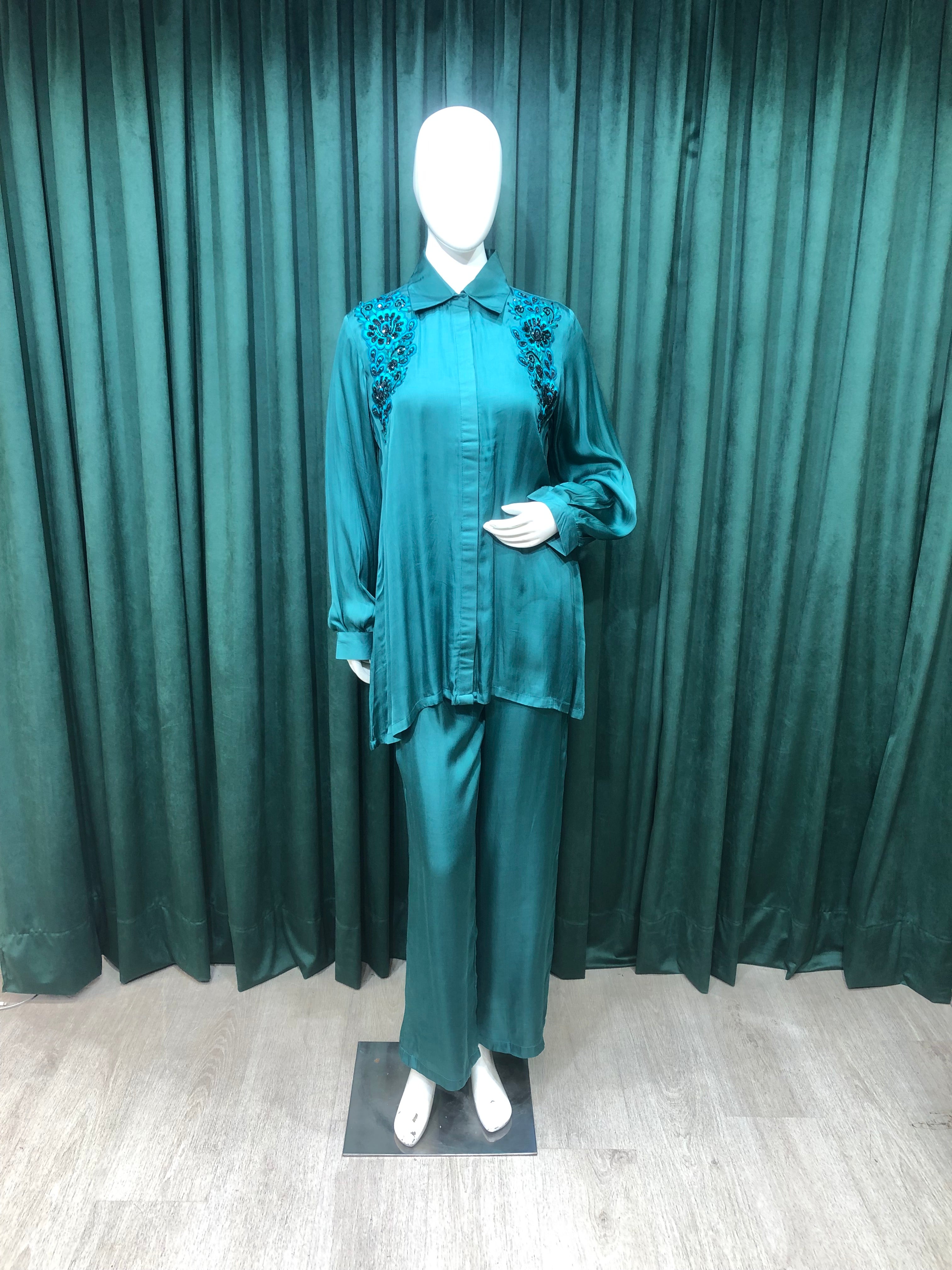 Green Crepe Co ord Set with Cutdana and Thread Embroidery