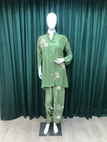 Mehandi Green Crepe Co-ord Set With Sequence And Cut Dana