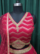 Load image into Gallery viewer, Cherry Red Wrinkle Georgette Lehenga With Sequins, Pulse, and Cut Dana
