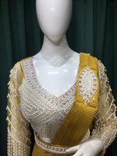 Load image into Gallery viewer, Mustard Drape Wrinkle lycra Saree With Sequins and Pearl Work
