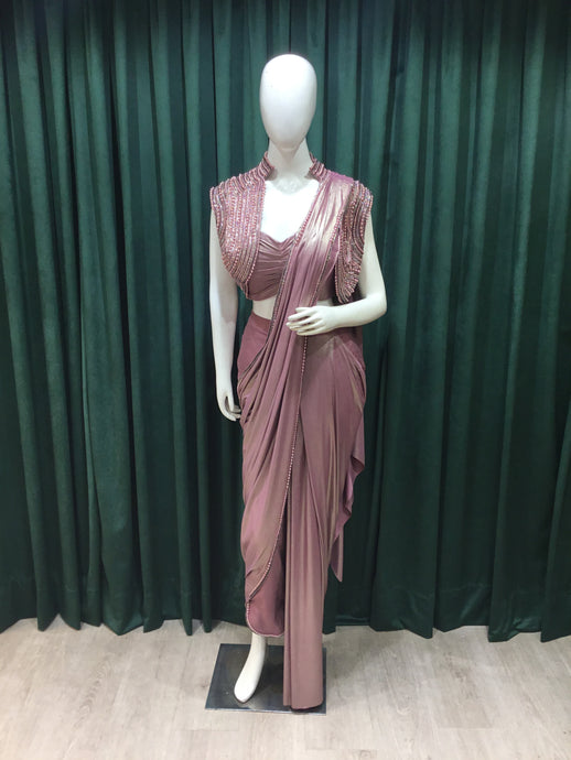 Rose Gold Shimmer Lycra Drape Saree With Japanese Cut Dana And Pearl Work