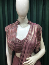 Load image into Gallery viewer, Rose Gold Shimmer Lycra Drape Saree With Japanese Cut Dana And Pearl Work
