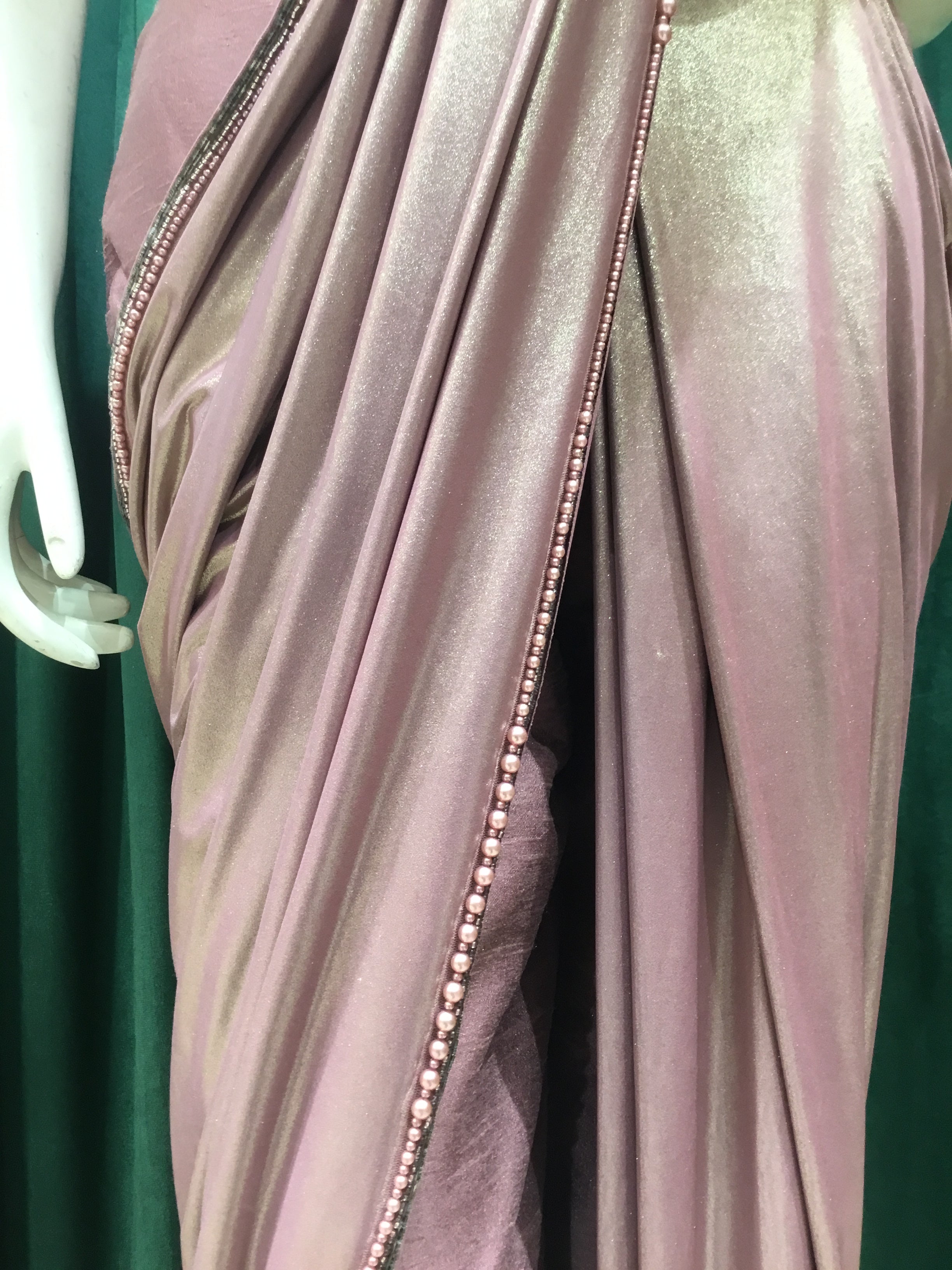 Rose Gold Shimmer Lycra Drape Saree With Japanese Cut Dana And Pearl Work