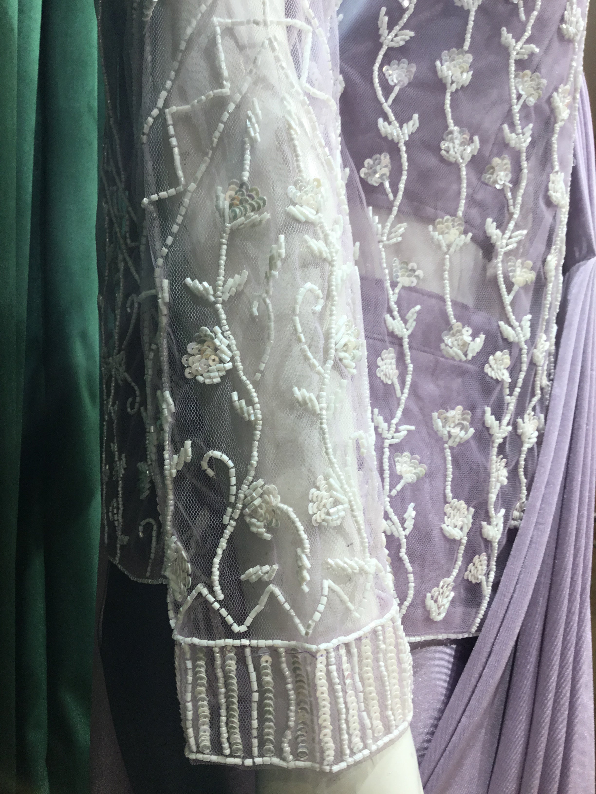 Lavender Lycar Drape Saree With Sequins and Japanese Cut Dana
