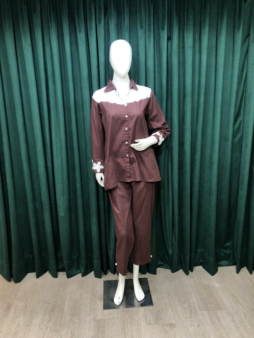 Coffee Cotton Co ord Set With Thread Work