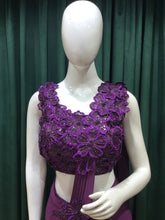 Load image into Gallery viewer, Plum Lycra Drape Saree With Japanese Cut Dana and Ribbon Work

