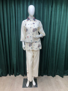 White Cotton Co ord Set With Multi Thread With Pearl Work