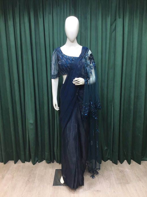Teal Blue Tissue Organza Drape Saree With Sequins and Japanese Cut Dana Work
