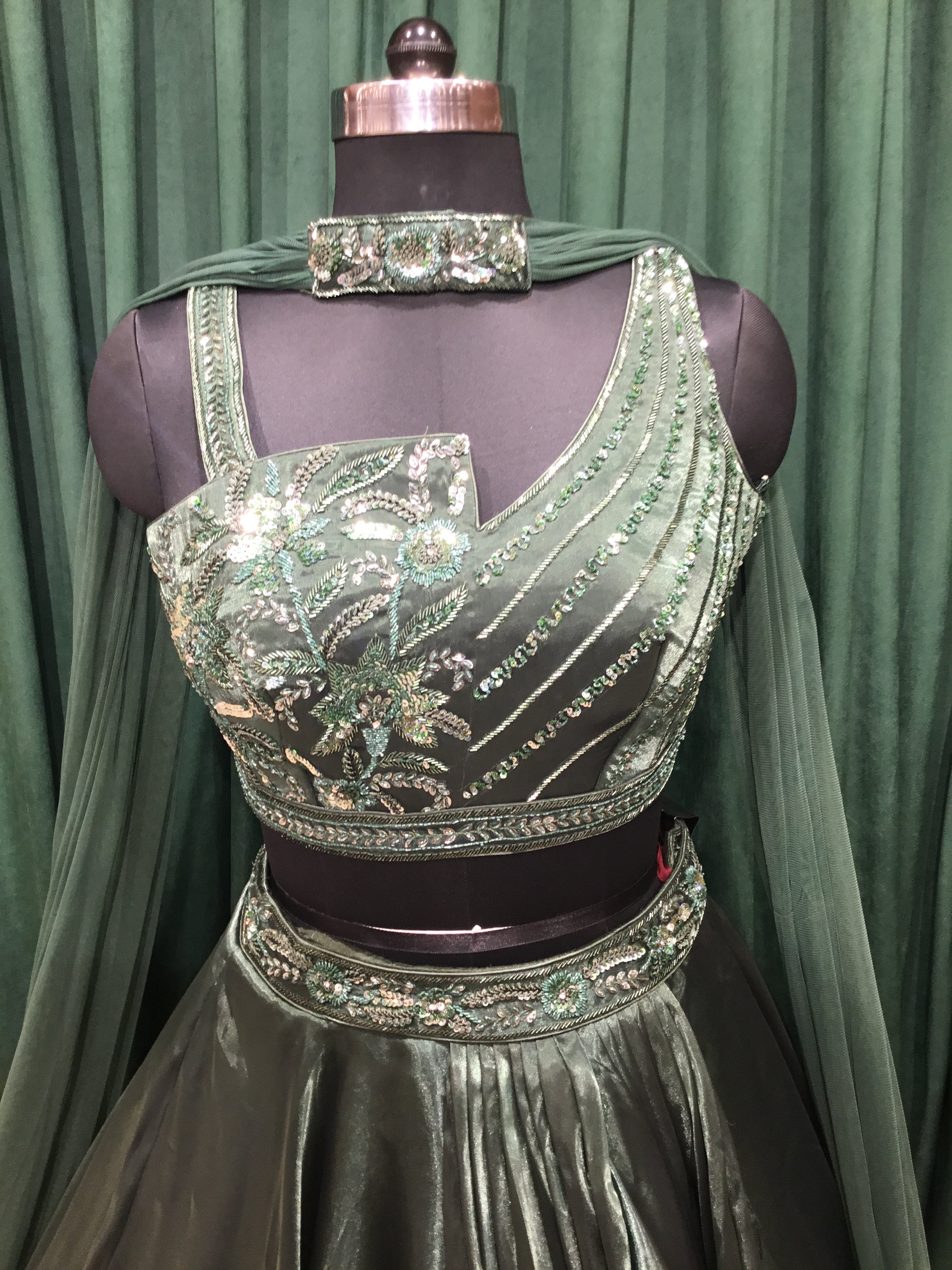 Bottle Green Organza Tissue Lehengas With Japanese Cut Dana and sequins Work