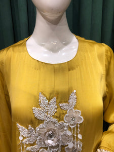 Mustard Silk Co ord set With Cut Dana With Sequins