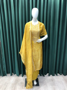 Yellow Shimmer Semistitch Suit With Sequins and Zari Work