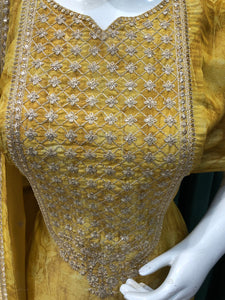 Yellow Shimmer Semistitch Suit With Sequins and Zari Work