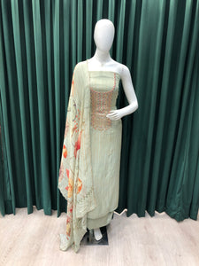 Green organza Unstitched Suit With Hand Work