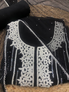 Black Georgette Unstitched Suit With Hand Work