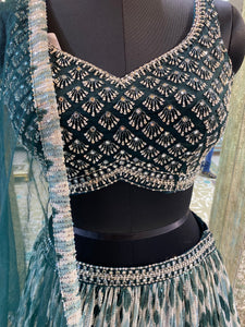 Bottle Green Net Lehenga Chinon Blouse With Mirror Work Sequins Work, Pearls, Cutdana, Digital Print