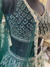 Load image into Gallery viewer, Bottle Green Net Lehenga Chinon Blouse With Mirror Work Sequins Work, Pearls, Cutdana, Digital Print
