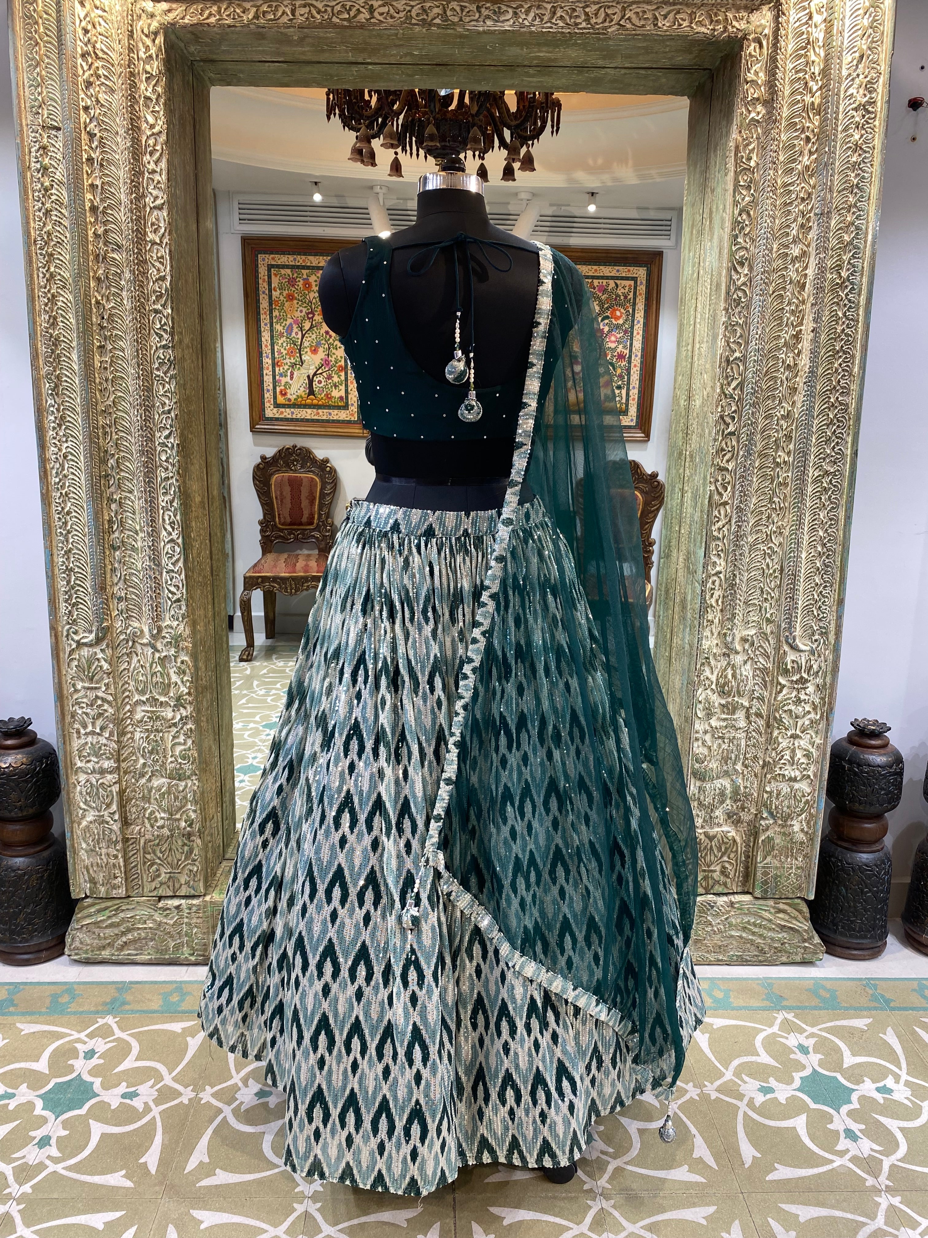 Bottle Green Net Lehenga Chinon Blouse With Mirror Work Sequins Work, Pearls, Cutdana, Digital Print