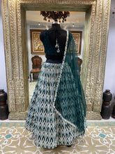 Load image into Gallery viewer, Bottle Green Net Lehenga Chinon Blouse With Mirror Work Sequins Work, Pearls, Cutdana, Digital Print
