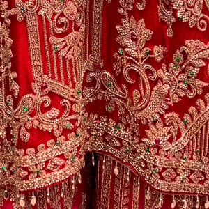 Red Chinon Palazzo Suit Set with Cutdana and Stone Embroidery