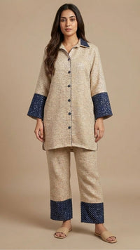 Blue and Beige Jute Coord Set with Sequins Work
