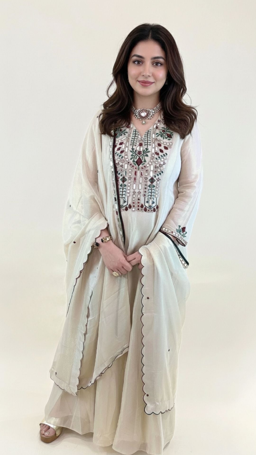 Off White Thread Embroidered One Piece and Dupatta