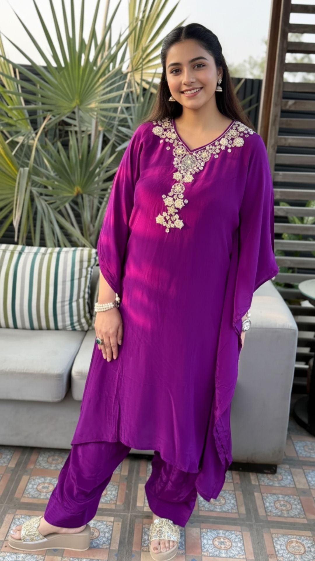 Purple Crepe Embroidered Kaftan with Salwar