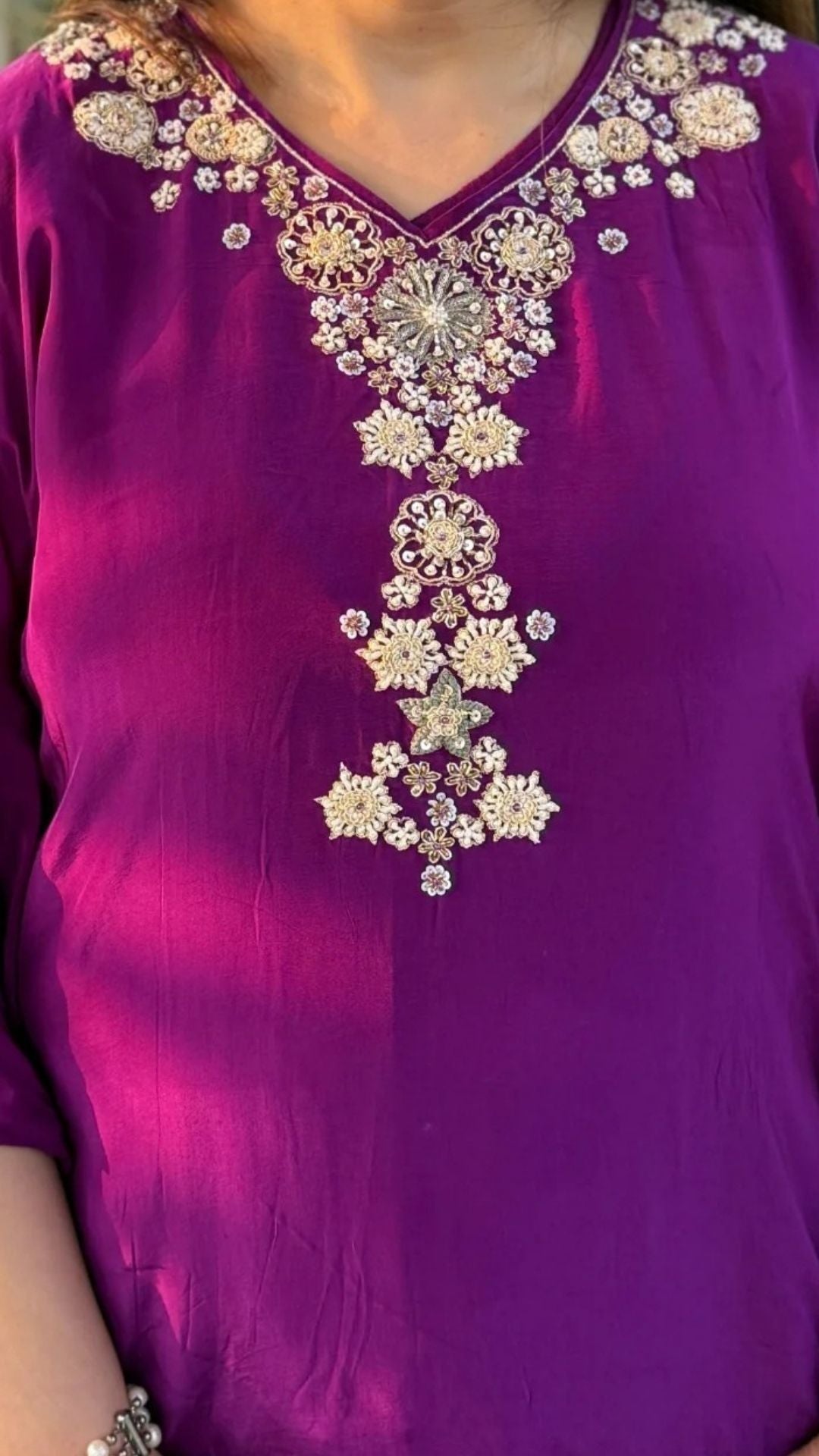 Purple Crepe Embroidered Kaftan with Salwar