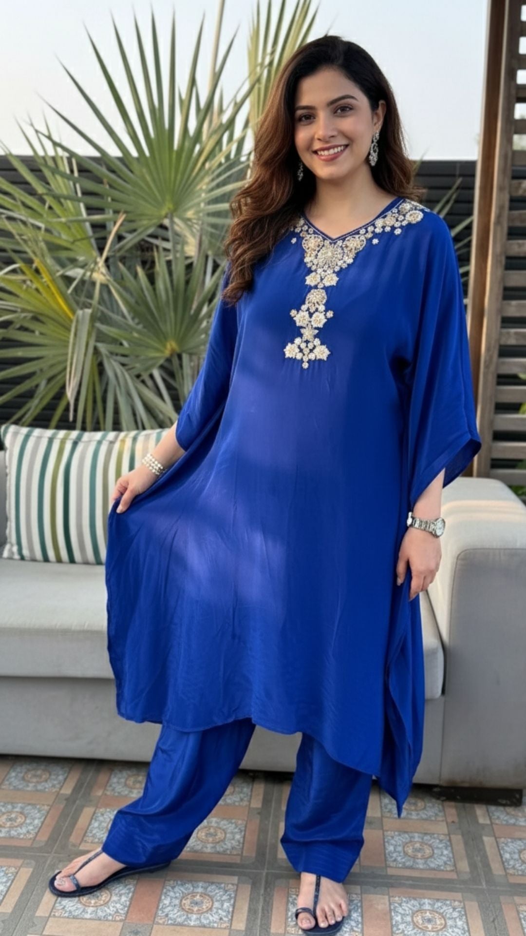Blue Crepe Embroidered Kaftan with Salwar
