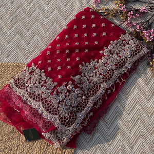 Magenta Net Saree with Blouse with Cutdana, Sequins, Beads, Stone and Cutwork Embroidery 4