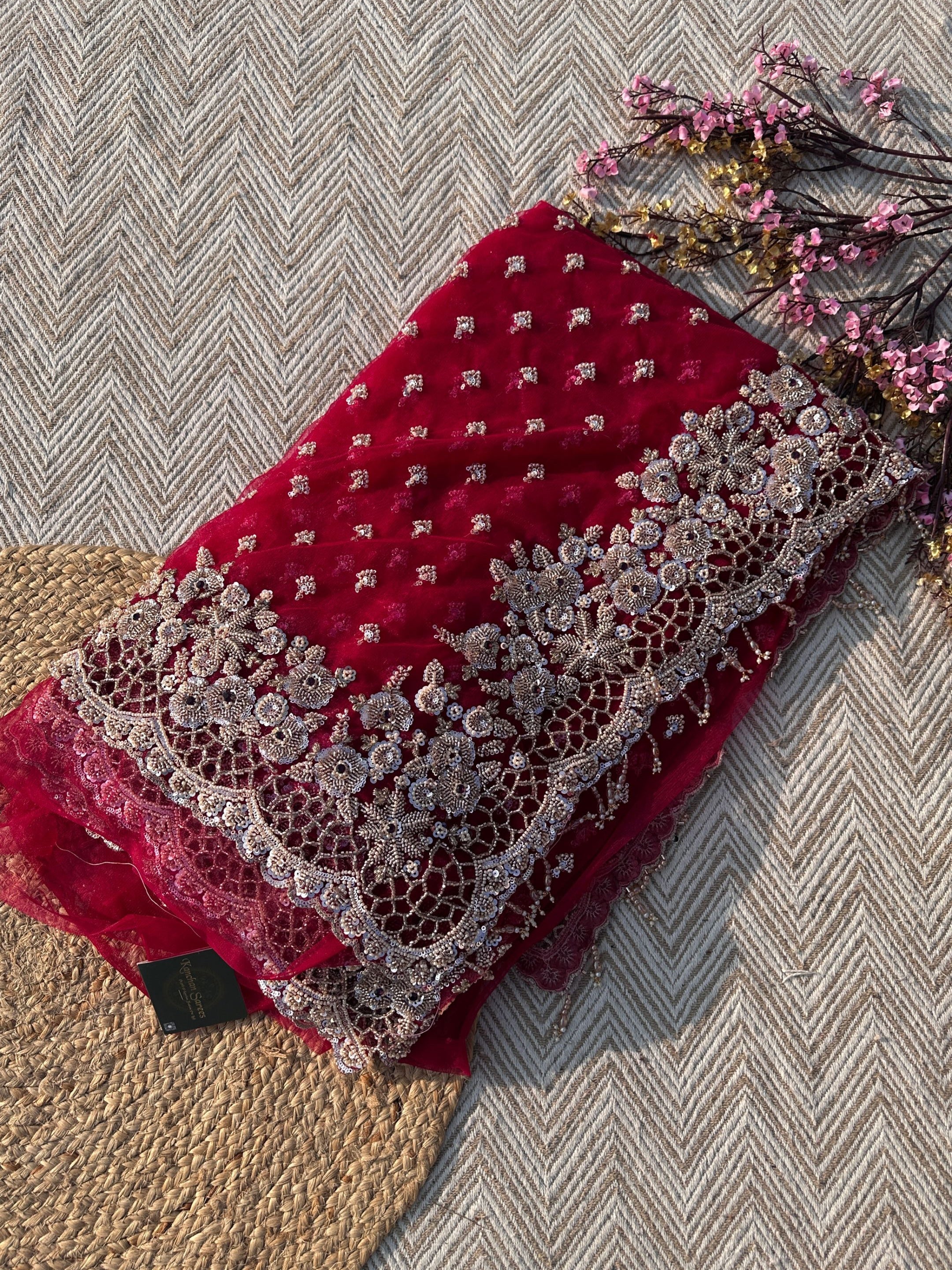 Magenta Net Saree with Blouse with Cutdana, Sequins, Beads, Stone and Cutwork Embroidery 4