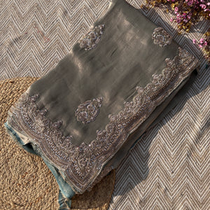 Sky Green Tissue Saree with Unstitched Blouse with Cutwork, Sequins, Cutdana and Dabka Embroidery 1