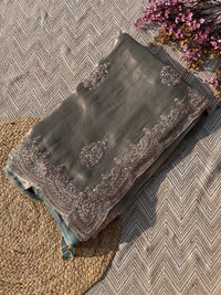 Sky Green Tissue Saree with Unstitched Blouse with Cutwork, Sequins, Cutdana and Dabka Embroidery