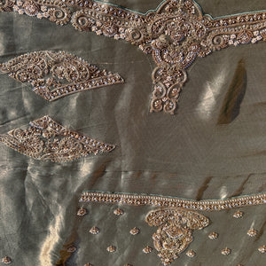 Sky Green Tissue Saree with Unstitched Blouse with Cutwork, Sequins, Cutdana and Dabka Embroidery 10