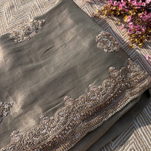 Sky Green Tissue Saree with Unstitched Blouse with Cutwork, Sequins, Cutdana and Dabka Embroidery 3