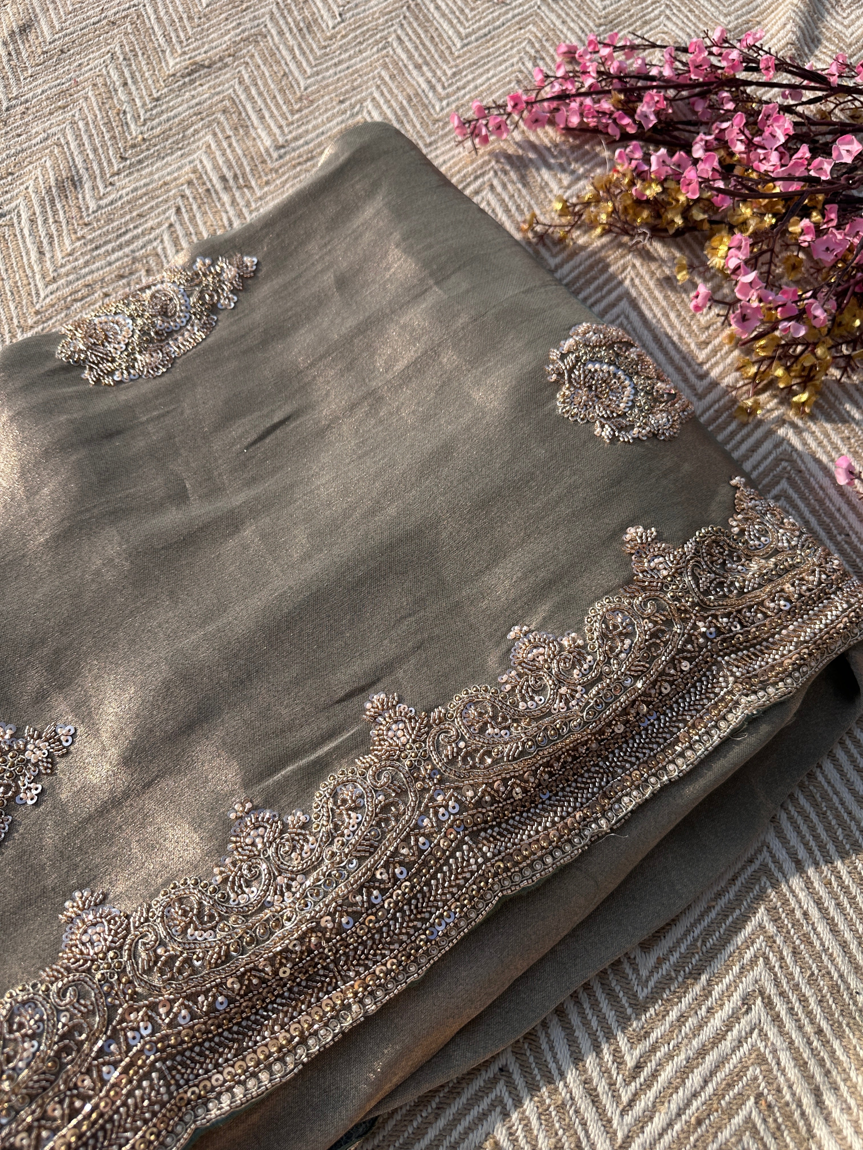 Sky Green Tissue Saree with Unstitched Blouse with Cutwork, Sequins, Cutdana and Dabka Embroidery 3