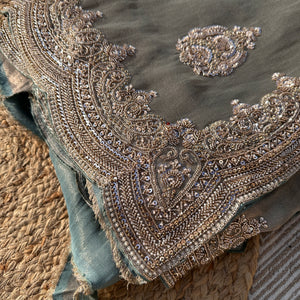 Sky Green Tissue Saree with Unstitched Blouse with Cutwork, Sequins, Cutdana and Dabka Embroidery 4