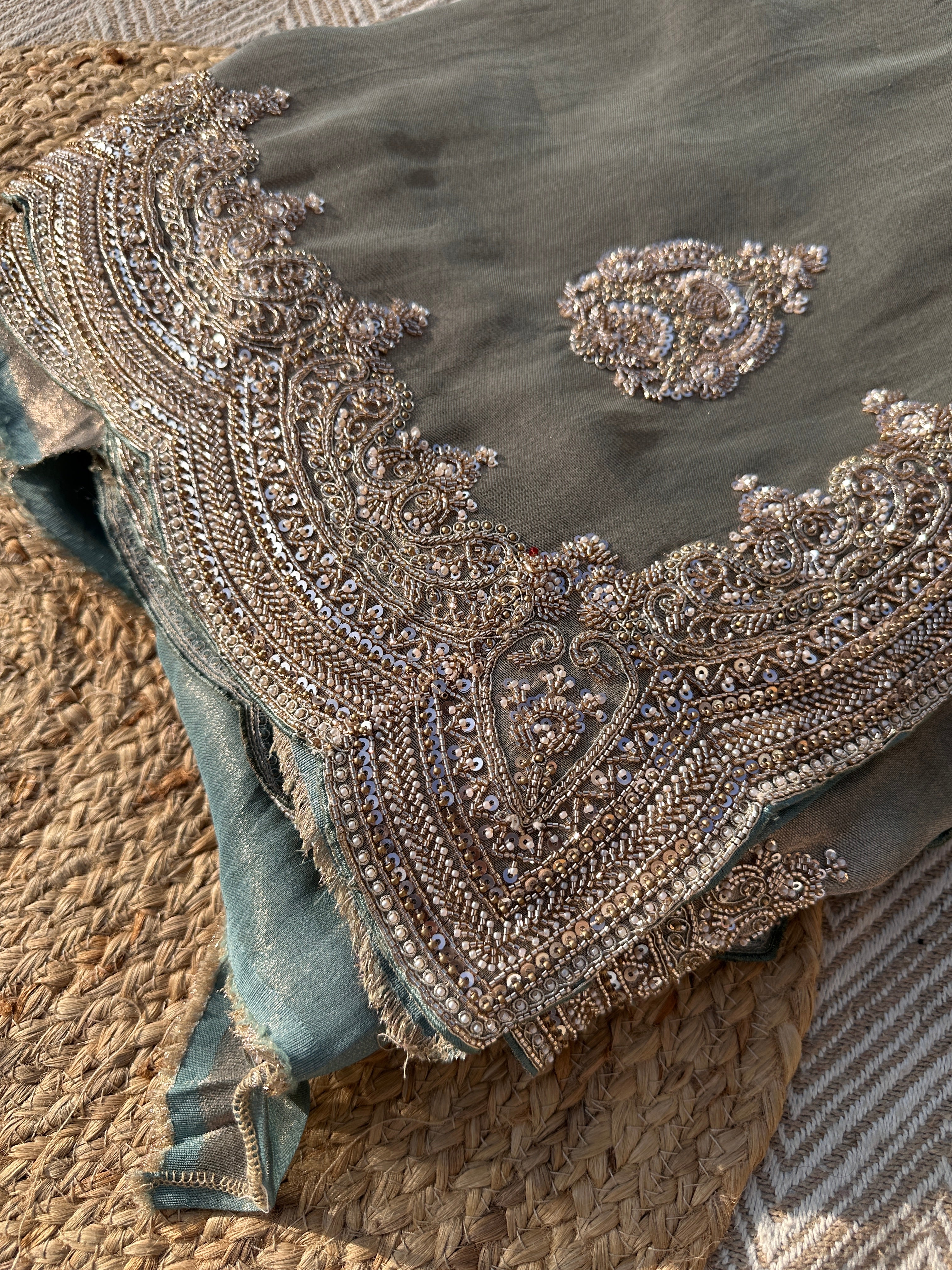 Sky Green Tissue Saree with Unstitched Blouse with Cutwork, Sequins, Cutdana and Dabka Embroidery 4