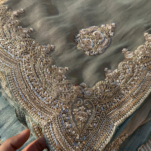 Sky Green Tissue Saree with Unstitched Blouse with Cutwork, Sequins, Cutdana and Dabka Embroidery 5