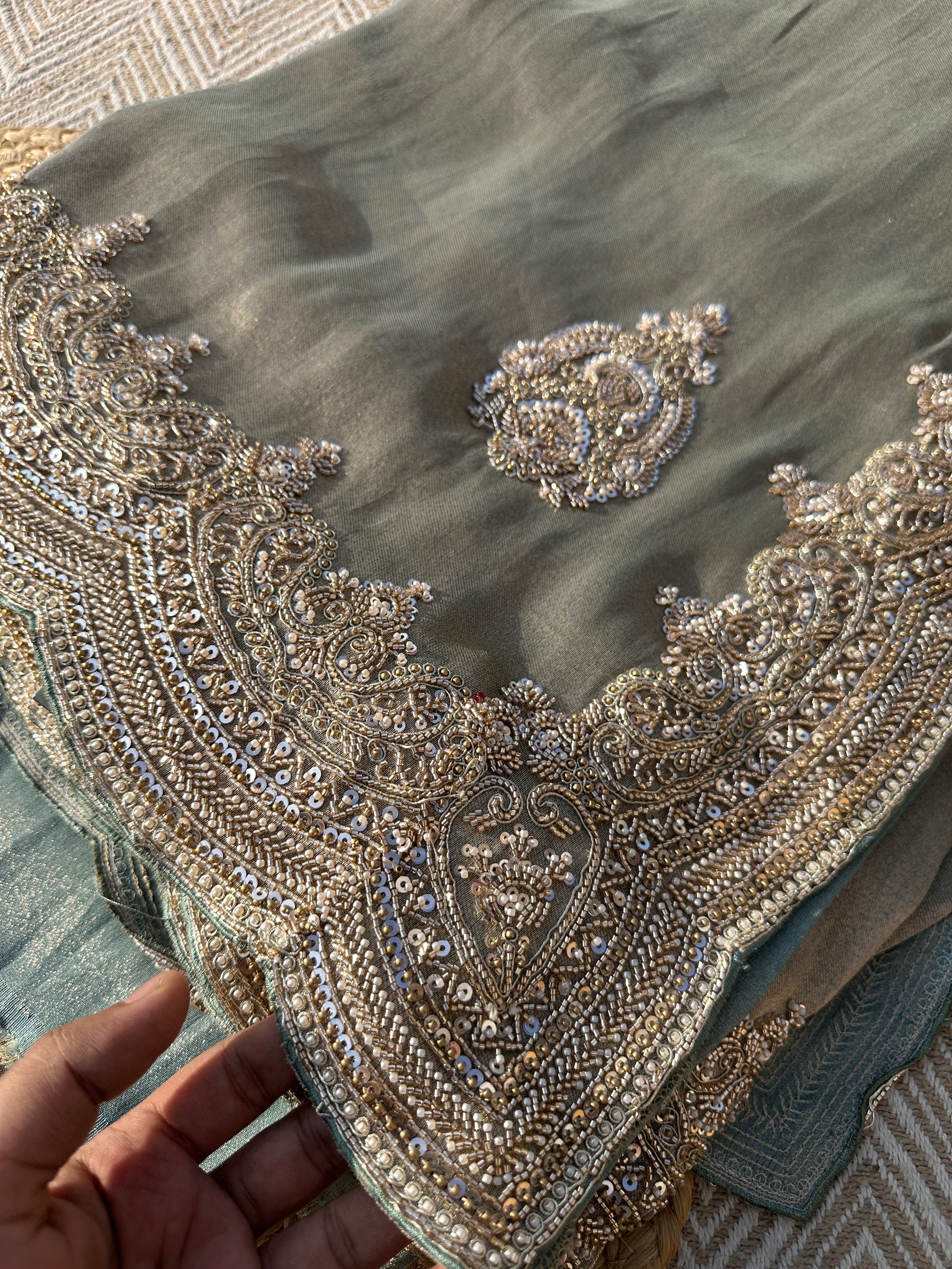 Sky Green Tissue Saree with Unstitched Blouse with Cutwork, Sequins, Cutdana and Dabka Embroidery 5