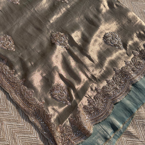 Sky Green Tissue Saree with Unstitched Blouse with Cutwork, Sequins, Cutdana and Dabka Embroidery 7