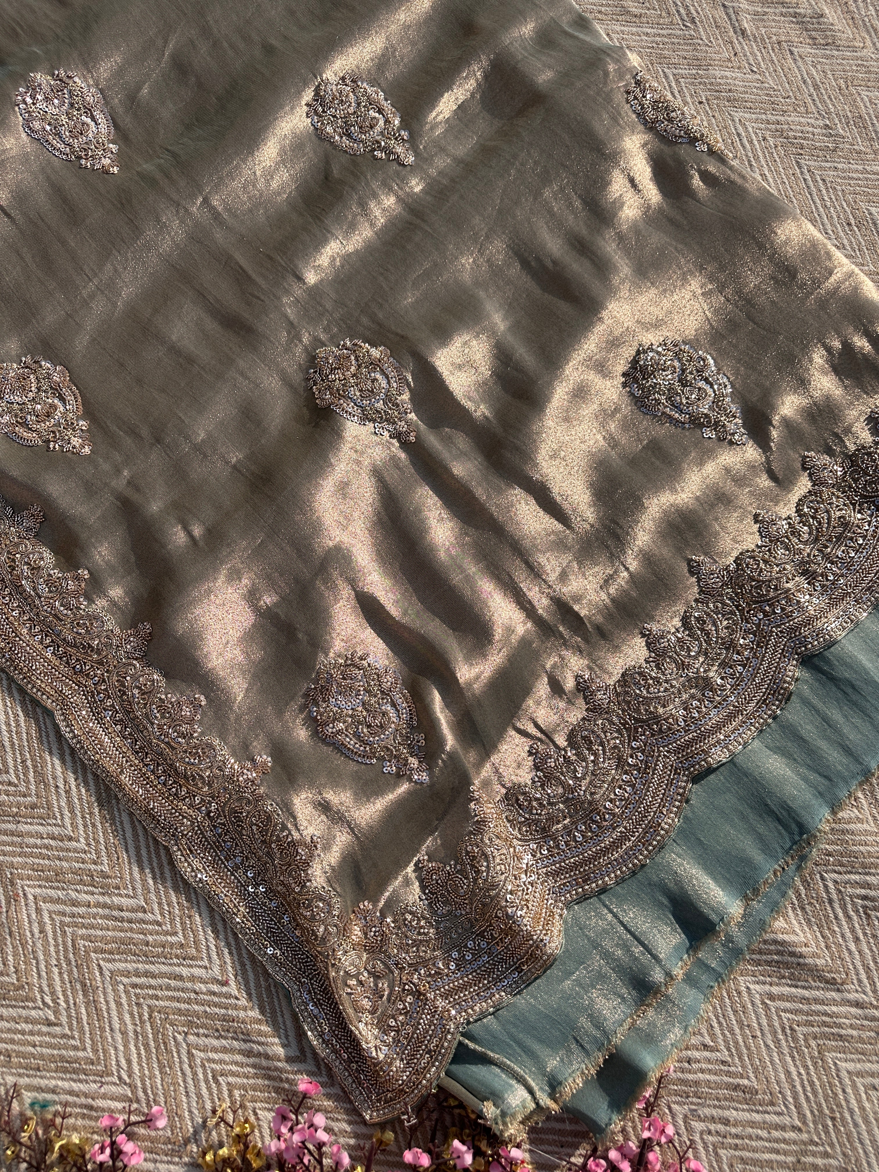 Sky Green Tissue Saree with Unstitched Blouse with Cutwork, Sequins, Cutdana and Dabka Embroidery 7
