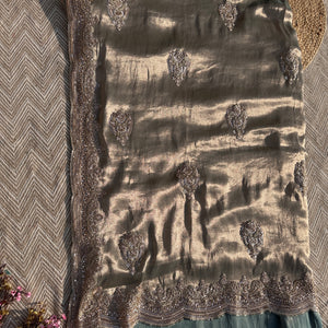 Sky Green Tissue Saree with Unstitched Blouse with Cutwork, Sequins, Cutdana and Dabka Embroidery 8