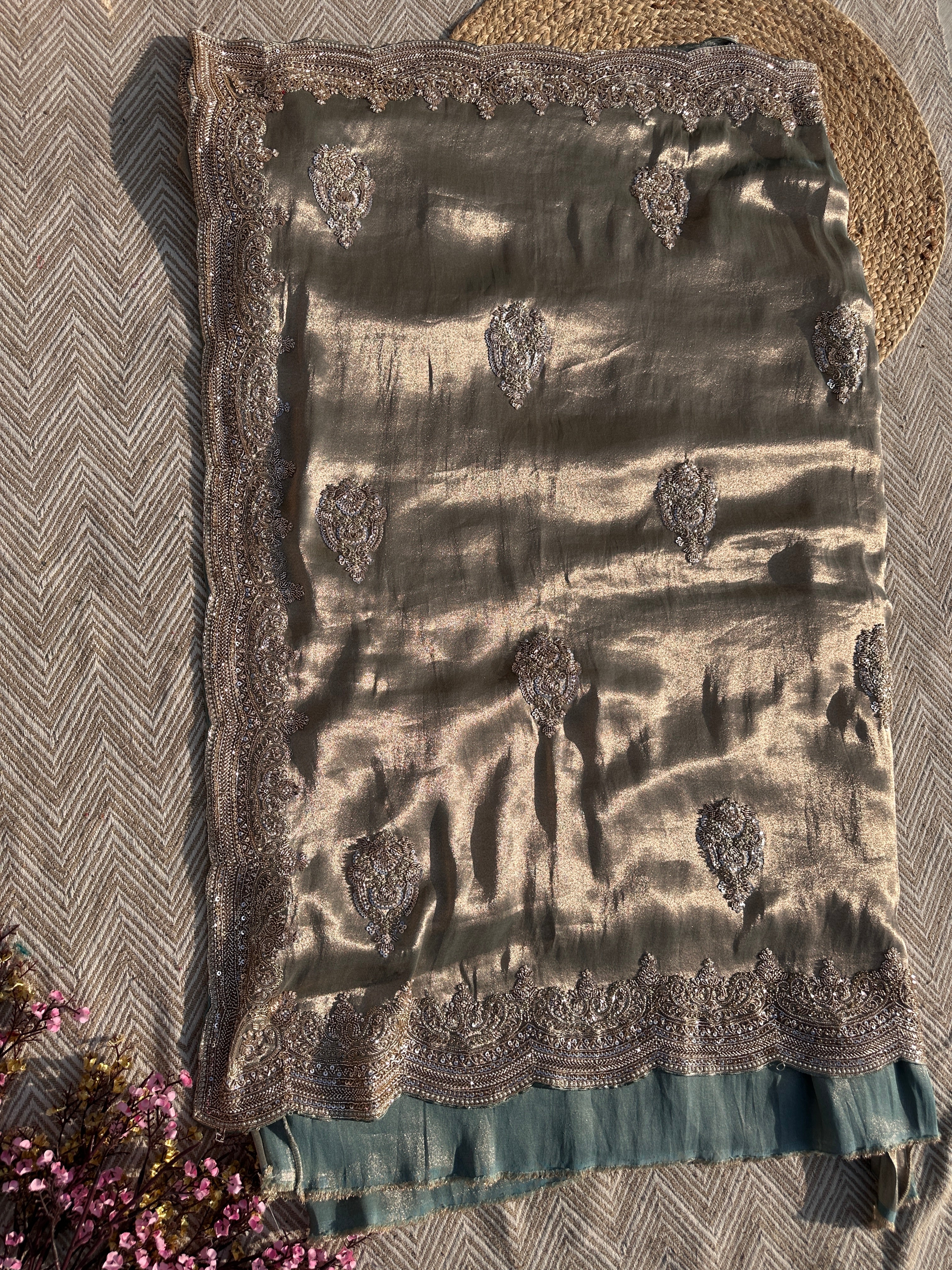 Sky Green Tissue Saree with Unstitched Blouse with Cutwork, Sequins, Cutdana and Dabka Embroidery 8