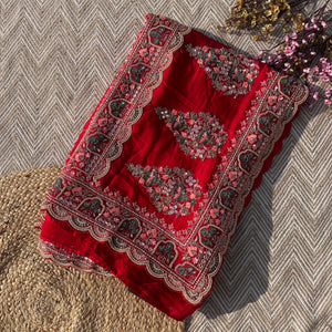 Red Tissue Saree with Unstitched Blouse with Thread, Dabka, Cutdana, Sequins, Mirror, Cutwork and Hand Work Embroidery 1