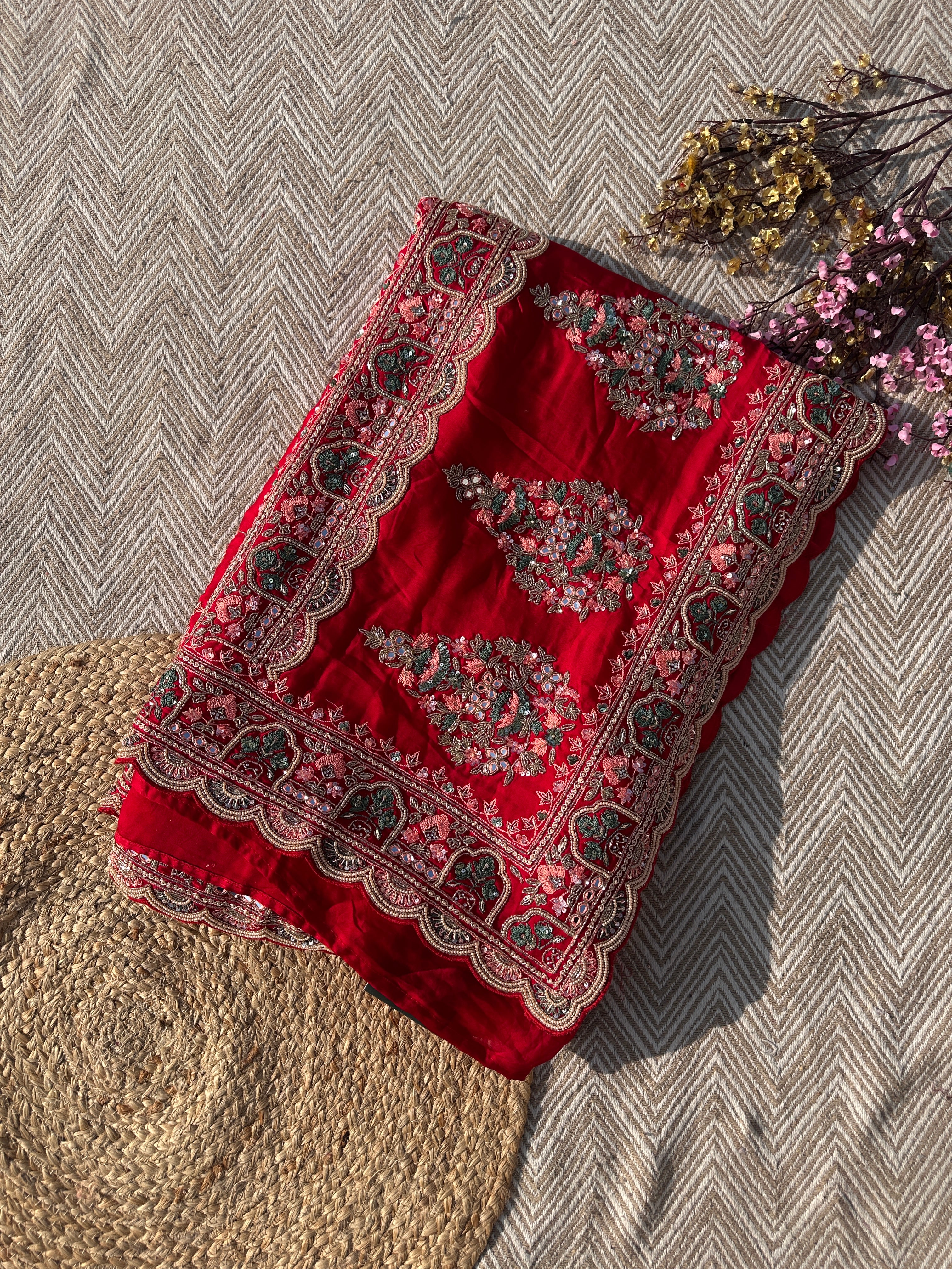 Red Tissue Saree with Unstitched Blouse with Thread, Dabka, Cutdana, Sequins, Mirror, Cutwork and Hand Work Embroidery 1