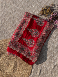 Red Tissue Saree with Unstitched Blouse with Thread, Dabka, Cutdana, Sequins, Mirror, Cutwork and Hand Work Embroidery